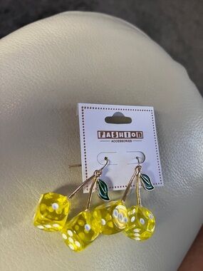 Yellow Dice Cherry Drop Earrings!  New. Not very heavy. Cute!